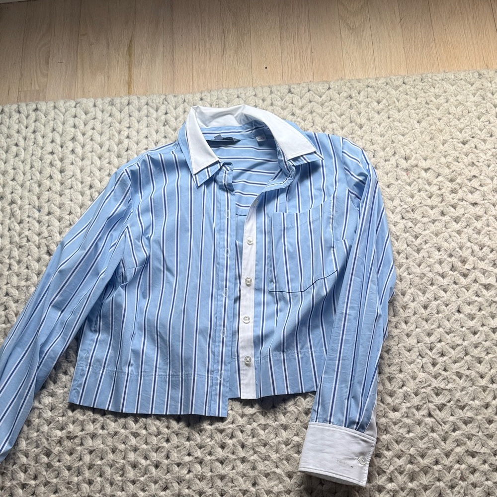 Veronica Beard Light Blue and White Striped Shirt